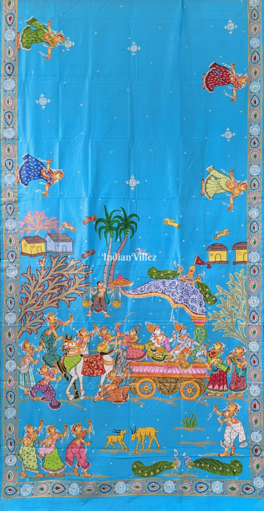 Sky Blue Mathura Vijay Theme Pattachitra Art on Pure Silk Saree