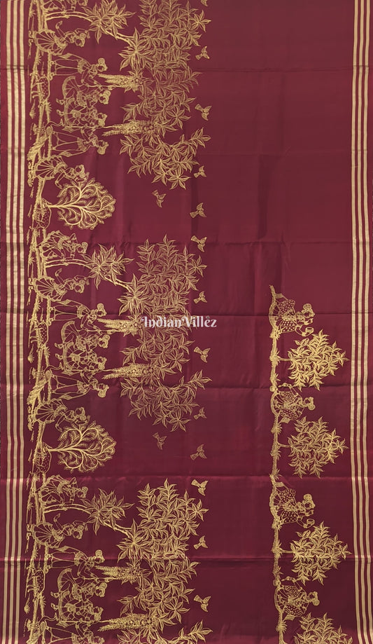 Maroon Single Line Pattachitra Work on Kanjivaram Silk Saree