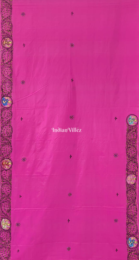 Royal Pink PEACOCK (Mayur) & Nartaki Theme Pattachitra Silk Saree