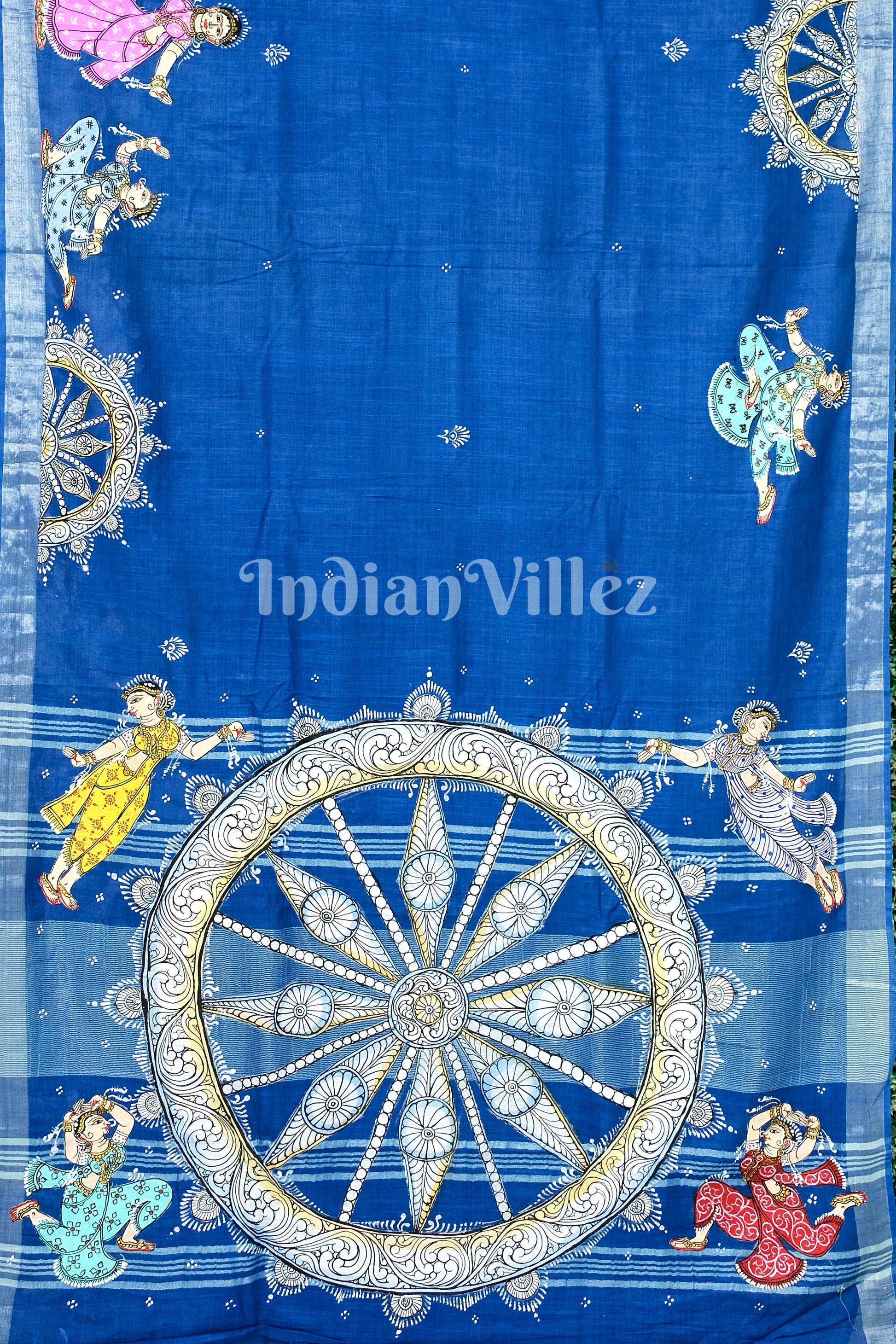 Blue Radha Krishna Rasa Theme Pattachitra Saree with Zari Border