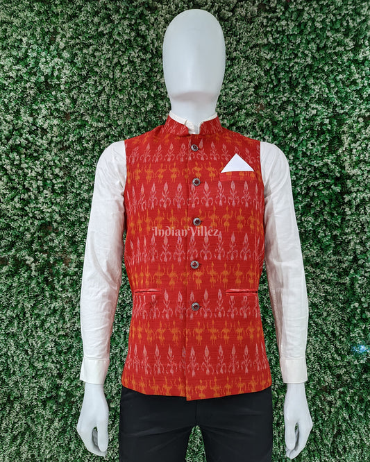 Red Tribal Design Odisha Ikat Cotton Half Bandi Jacket for Men