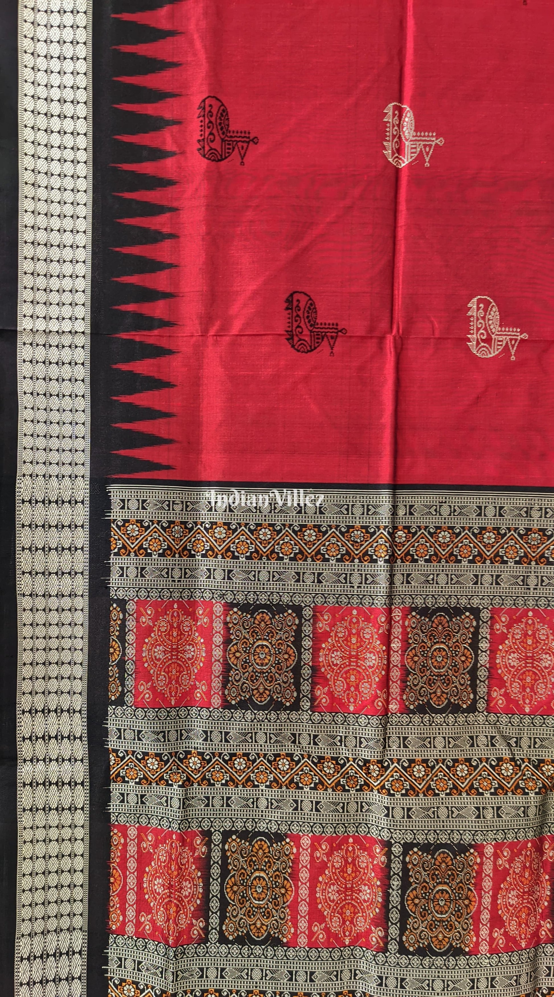 Maroon Black Boita Design Sambalpuri Bomkai Silk Saree