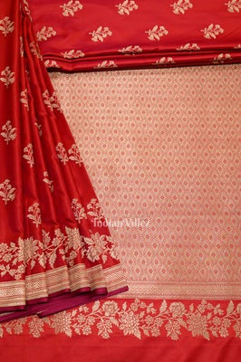 Deep Red Pure Soft Mashru Satin Silk Banarasi Saree