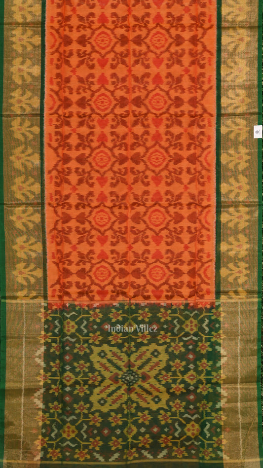 Orange Green Pochampally Ikat Sico (Silk & Cotton) Saree with Zari Border 