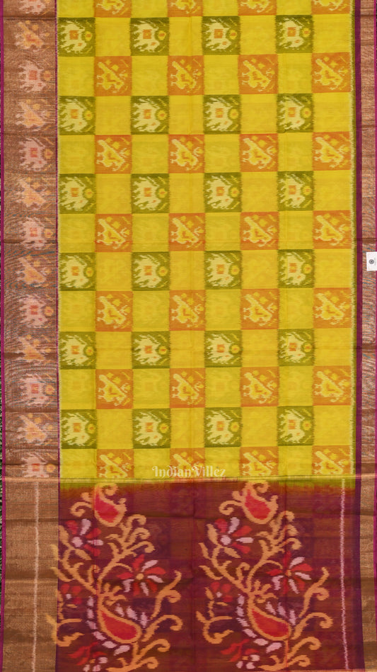 Yellow Purple Pochampally Ikat Sico (Silk & Cotton) Saree with Zari Border