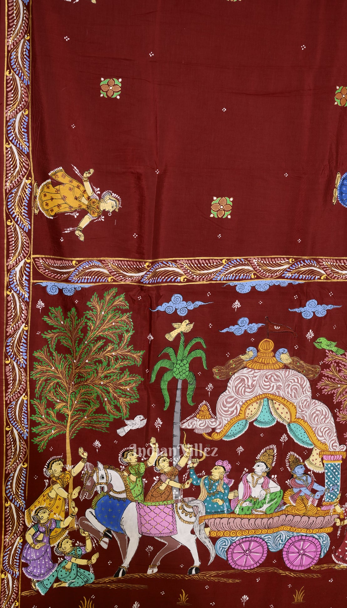 Red Mathura Vijay Theme Hand-Painted Pattachitra Saree