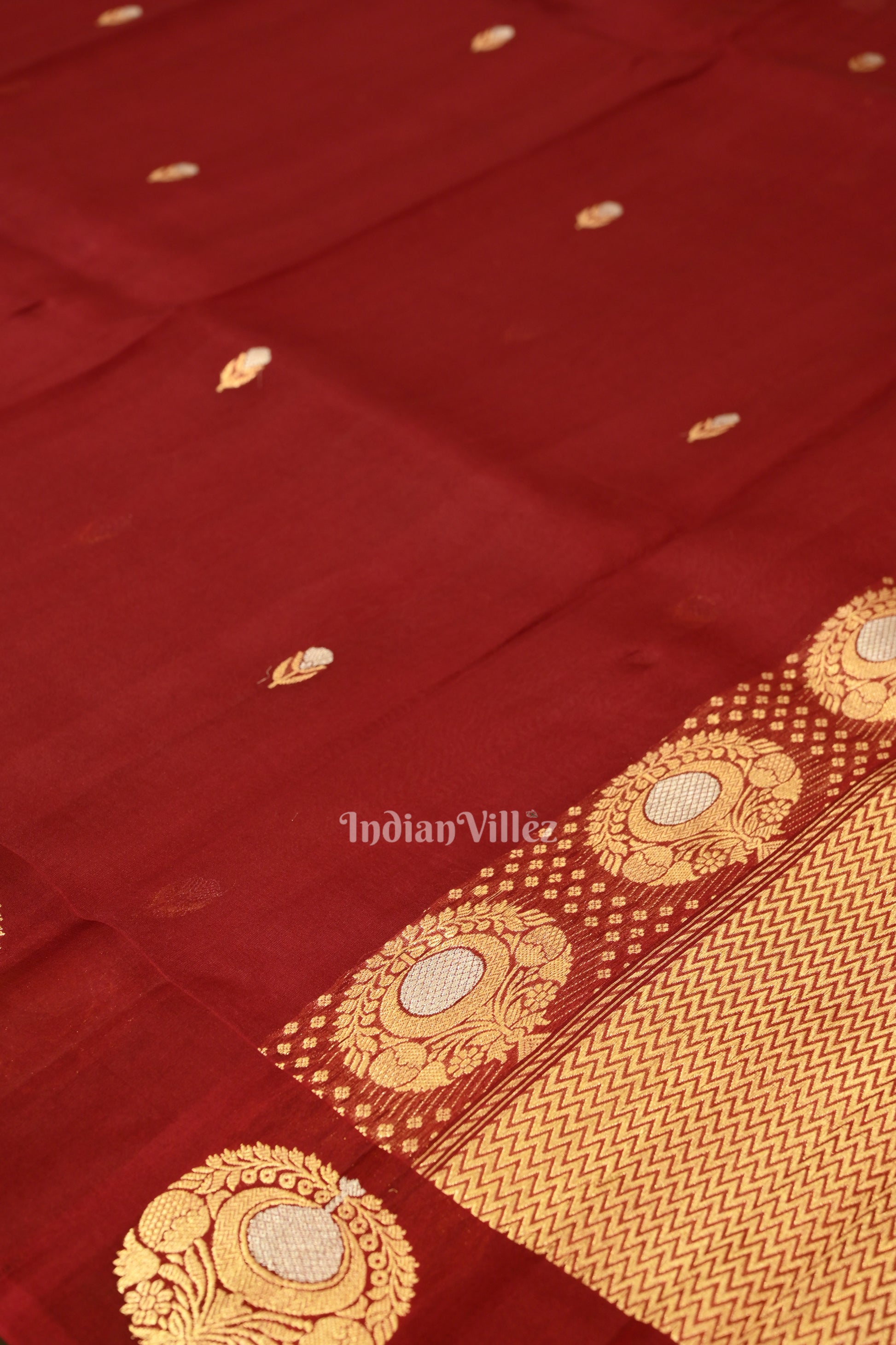 Deep Maroon Banarasi Katan Saree With Floral Handwork