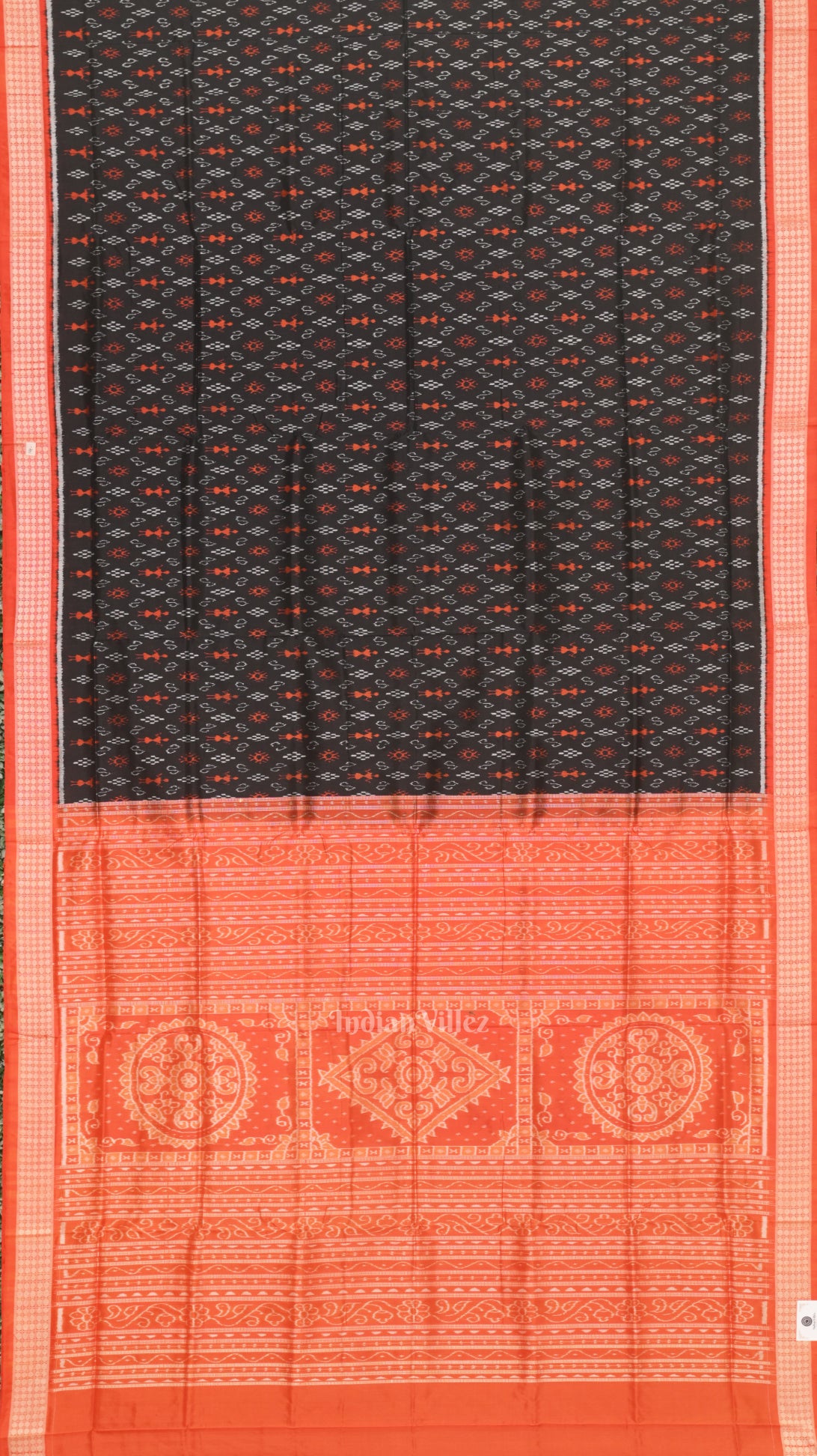 Black Orange Tribal Theme Sambalpuri Silk Saree