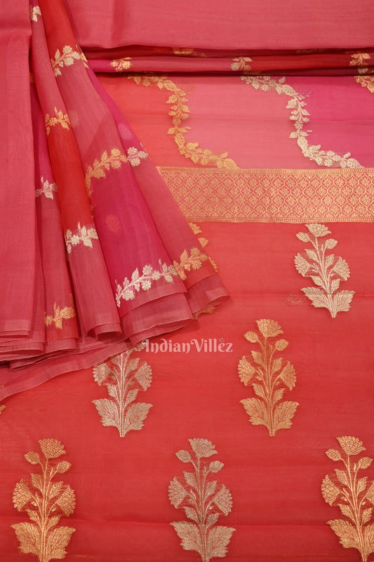 Baby Pink Pure Kora Banarasi Tissue Saree With Floral Handwork