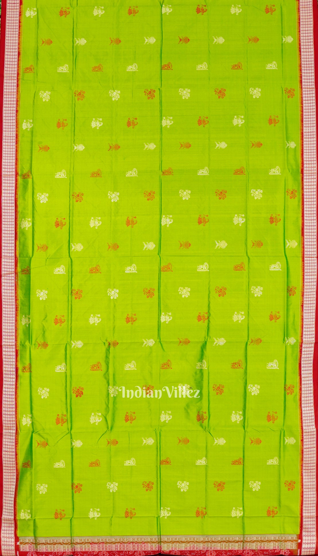 Red Green Welcome Design Bomkai Sambalpuri Silk Saree