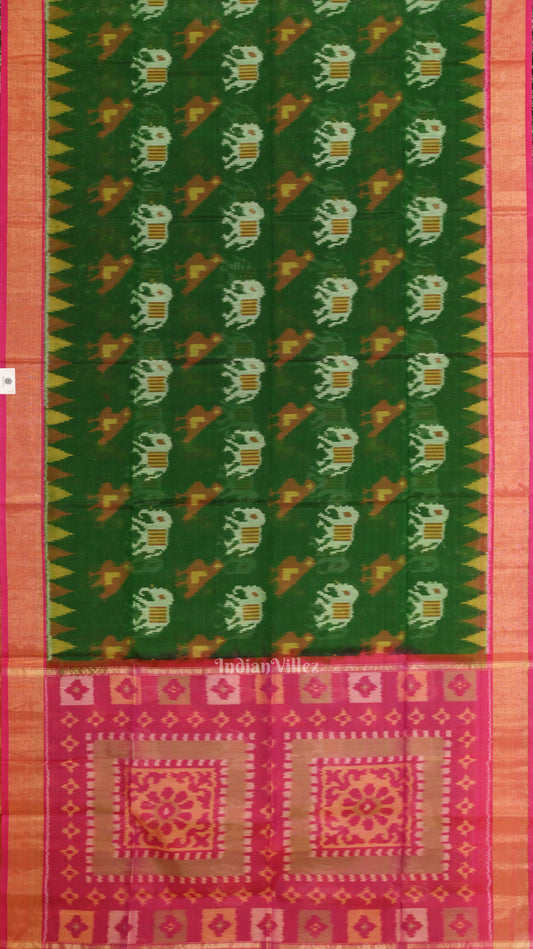 Green Pink Pochampally Ikat (Silk & Cotton) Sico Saree with Zari Border