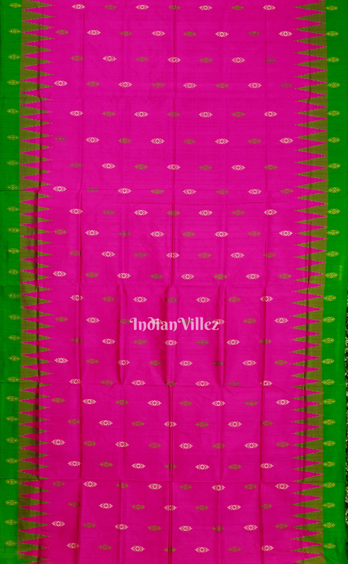 Rani Pink With Green Tribal Motif Ikat Bomkai Silk Saree