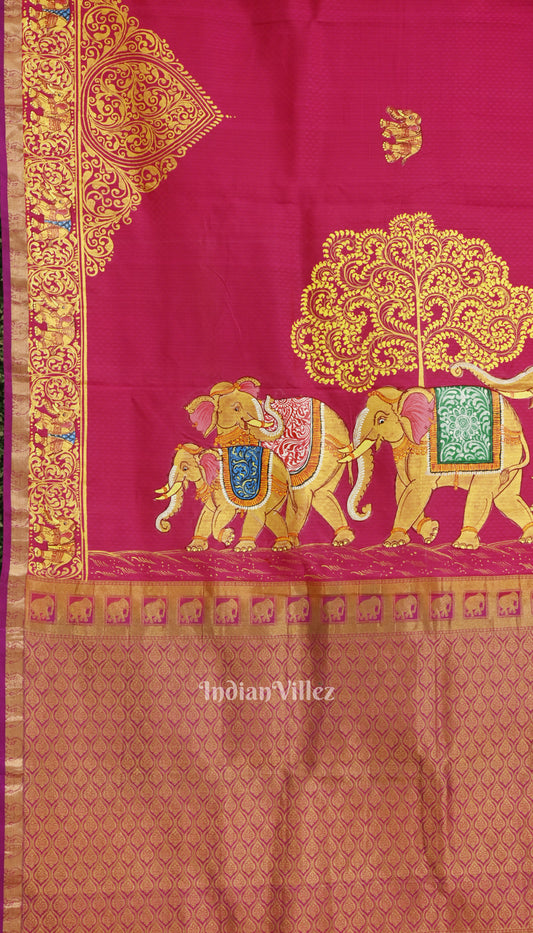 Rani Elephant Theme Hand-Painted Pattachitra Saree