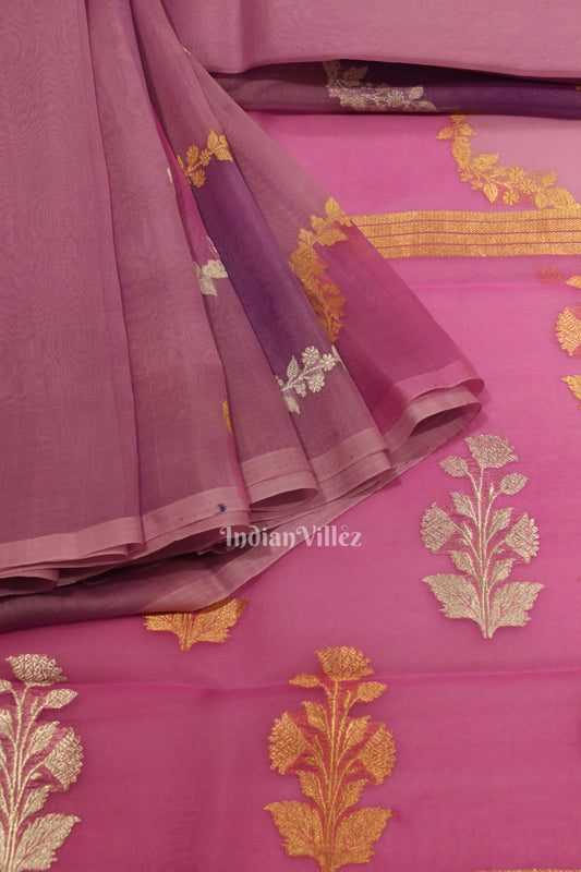 Lavendar Pure Organza Silk Saree With Floral Handwork