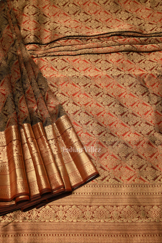 Dark Maroon Pure Brocade with Golden Broder  Bridal Kanjivaram Silk Saree 