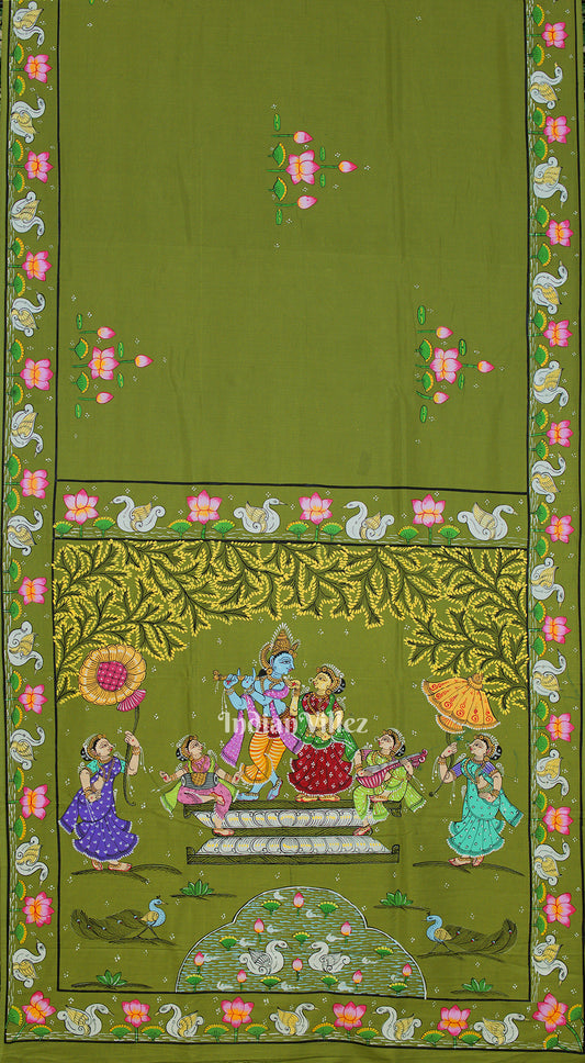 Mehndi Green Krishna Rasa Leela & Lotus Theme Pattachitra Silk Saree