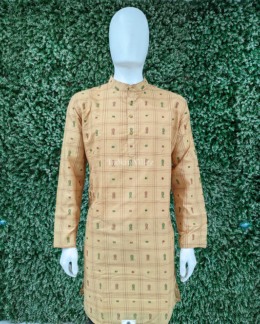 Camel Fish Butta Motif Bomkai Odisha Ikat Cotton Long Kurta For Men