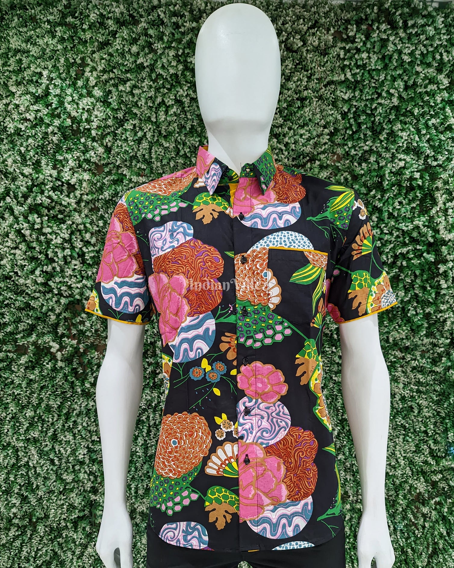 Black with Multicolored Flower Cotton Block Printed Half Sleeve Shirt for Men