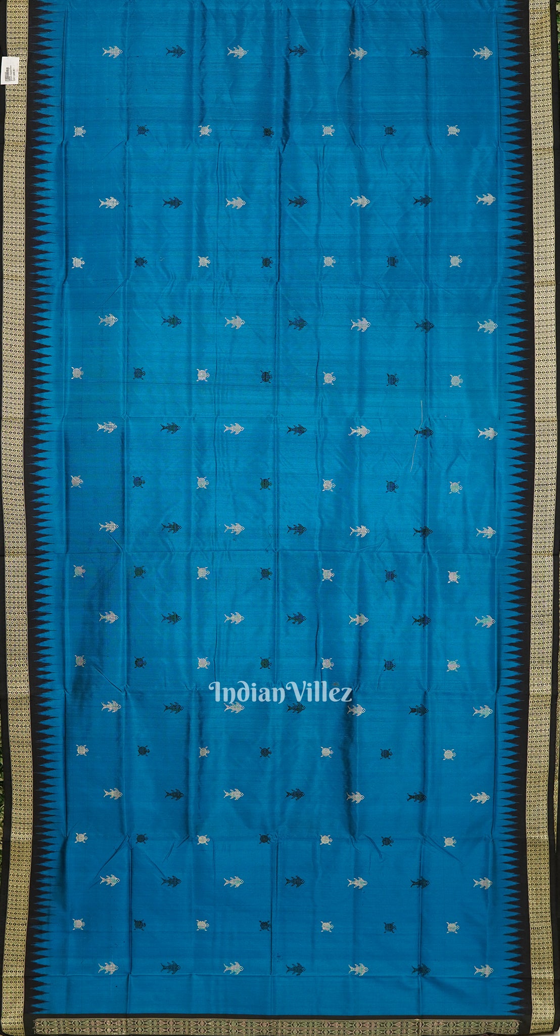 Sky Blue Fish Motif Bomkai Sambalpuri Silk Saree