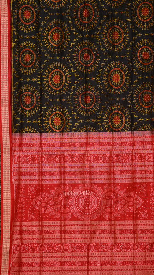 Deep Black Red Tribal Theme Sambalpuri Silk saree 