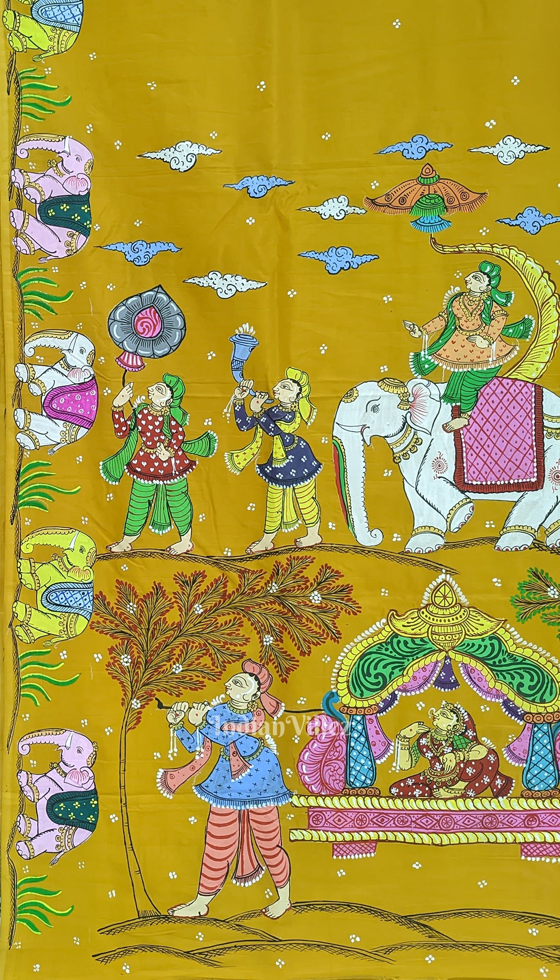 Yellow Doli Barat Theme Hand-Painted Pattachitra Saree