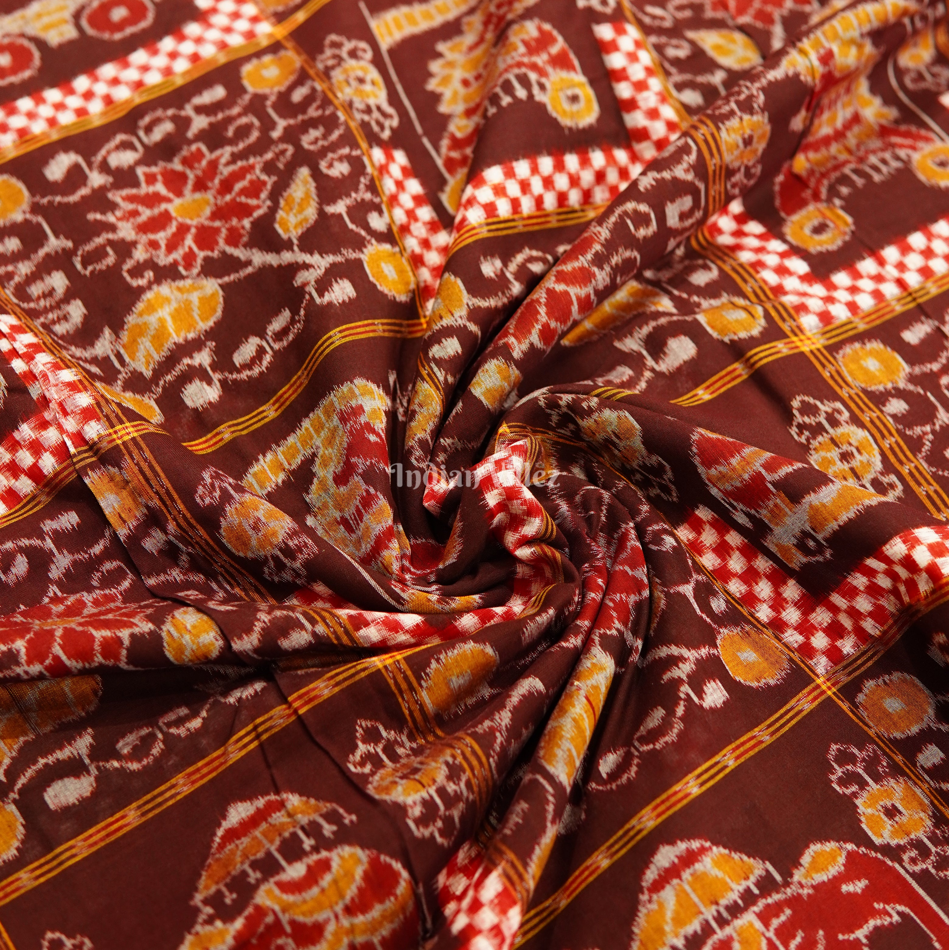 Rust Maroon Floral Motif Sambalpuri Ikat Cotton Fabric