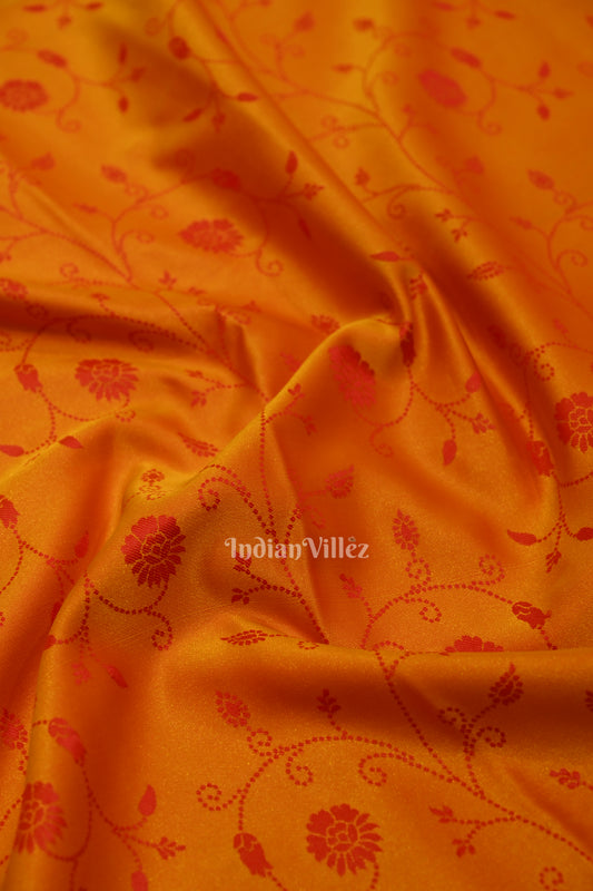 Yellow Floral Print Theme Banarasi with Rani Pink Border Satin Silk Saree