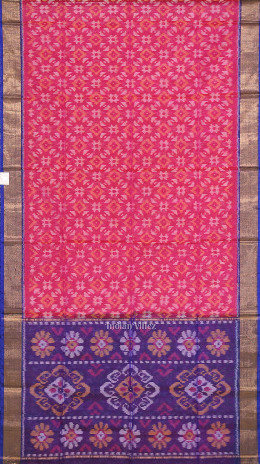 Rani Pink with Blue Pochampally Ikat  Sico (Silk & Cotton)  Saree with Zari Border