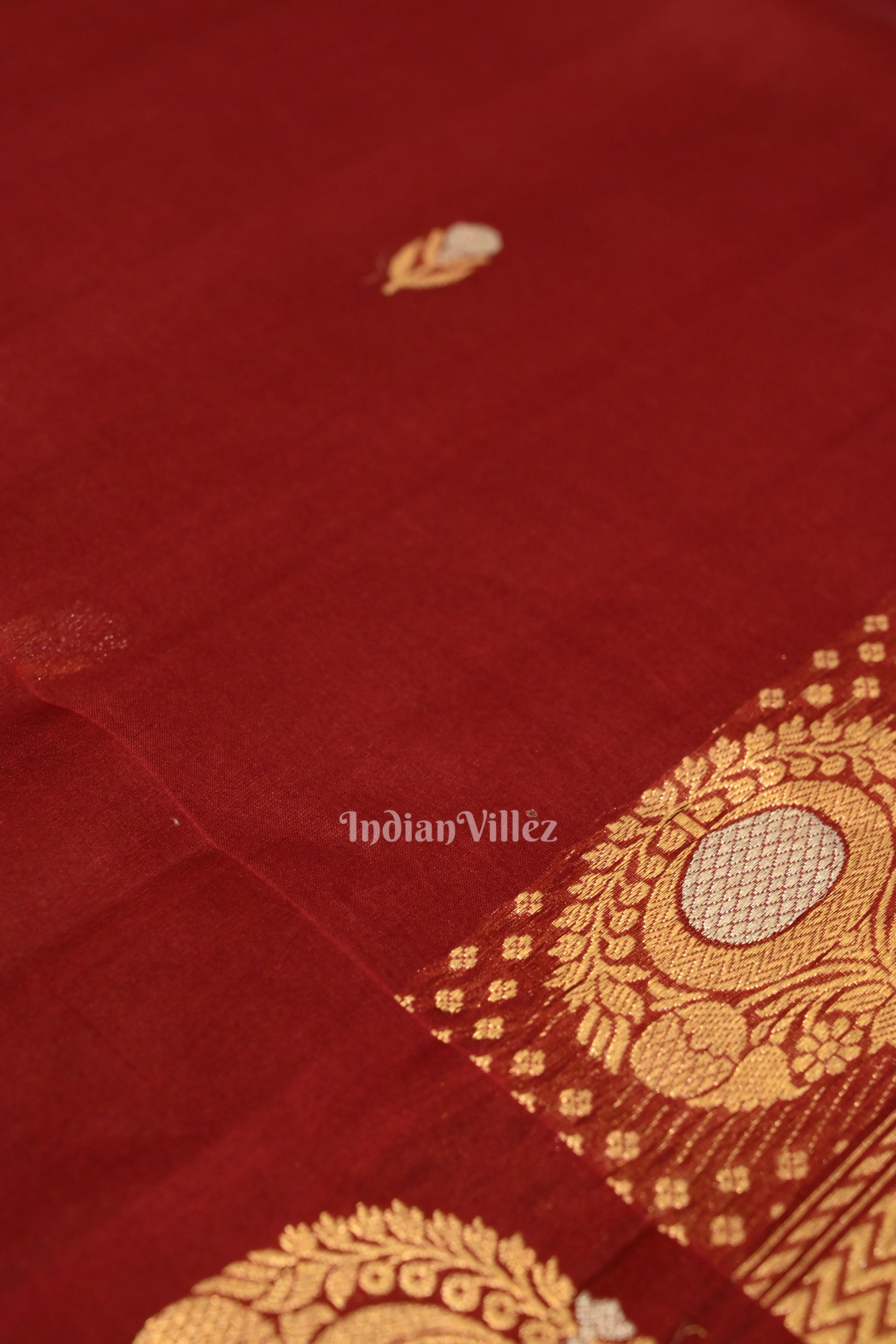 Deep Maroon Banarasi Silk Saree With Floral Handwork