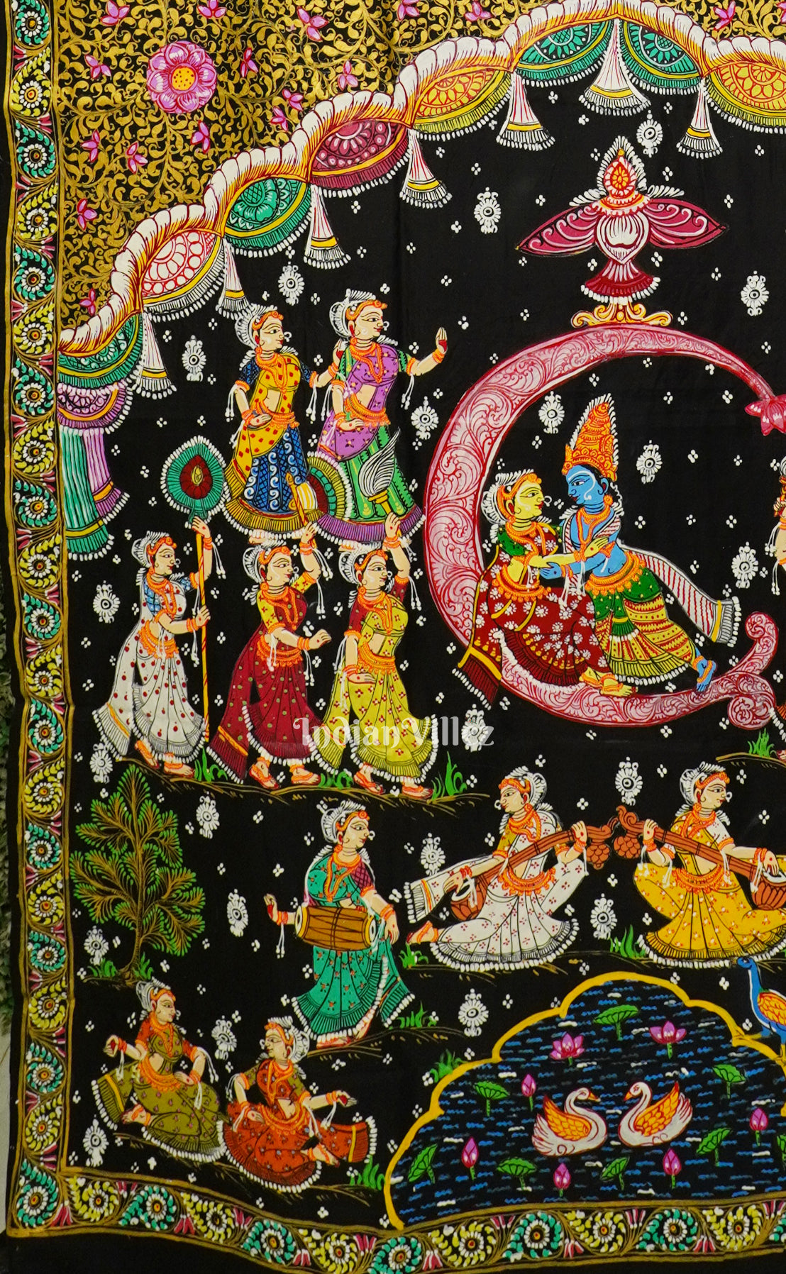 Black Ardha Chandra  Krishna Rasa Leela Pattachitra Silk Saree