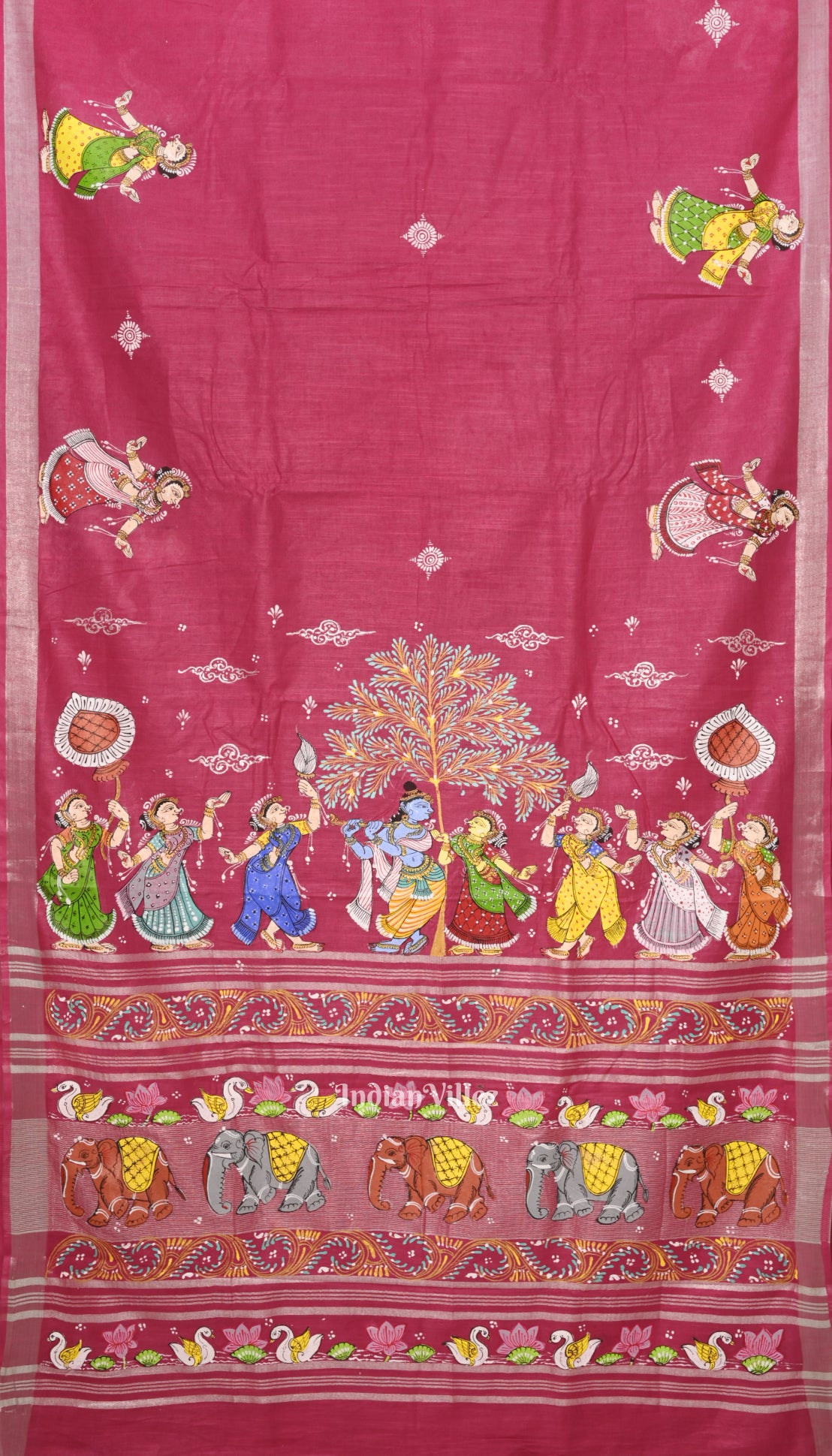 Pink Mudra Theme Hand-Painted Pattachitra Linen Saree With Zari Border