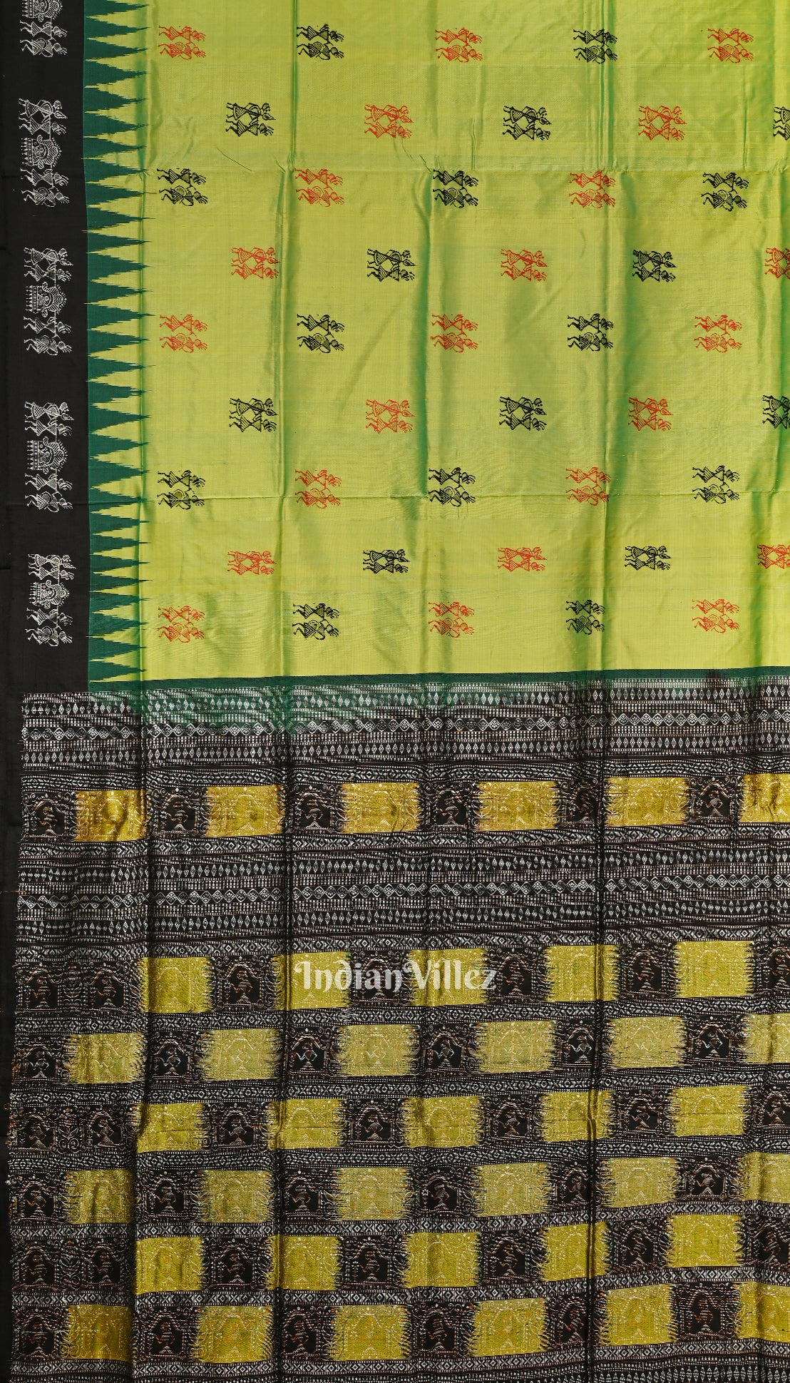 Parrot Green Tribal Theme Odisha Ikat Sambalpuri Silk Saree