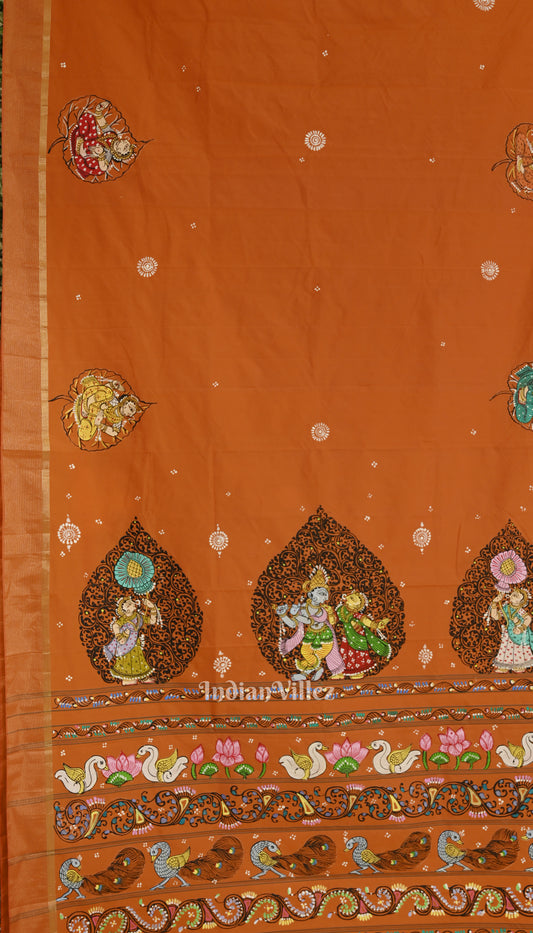 Bright Orange Radha Krishna Nartaki Theme Hand-Painted Pattachitra Saree