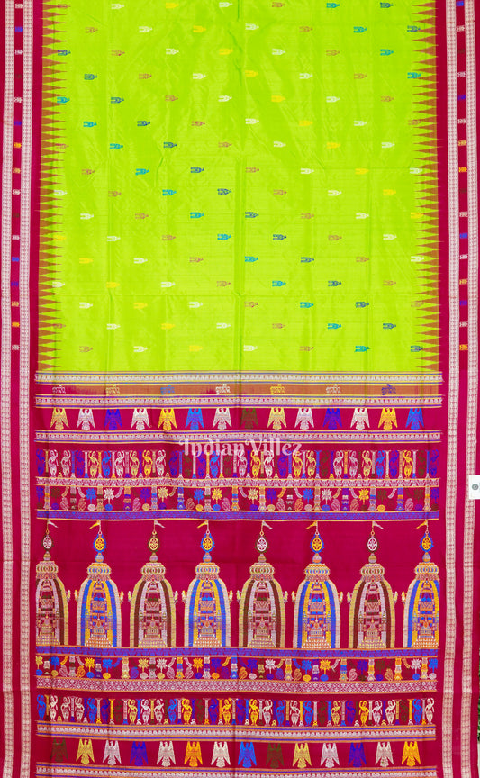 Parrot Green Temple Theme  Sambalpuri Ikat Bomkai Silk Saree