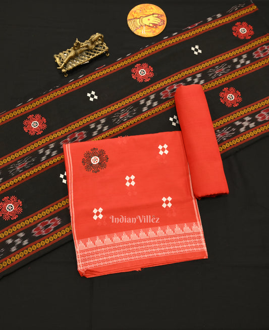 Black Red Maniabandha Sambalpuri Cotton Dress set & Dupatta