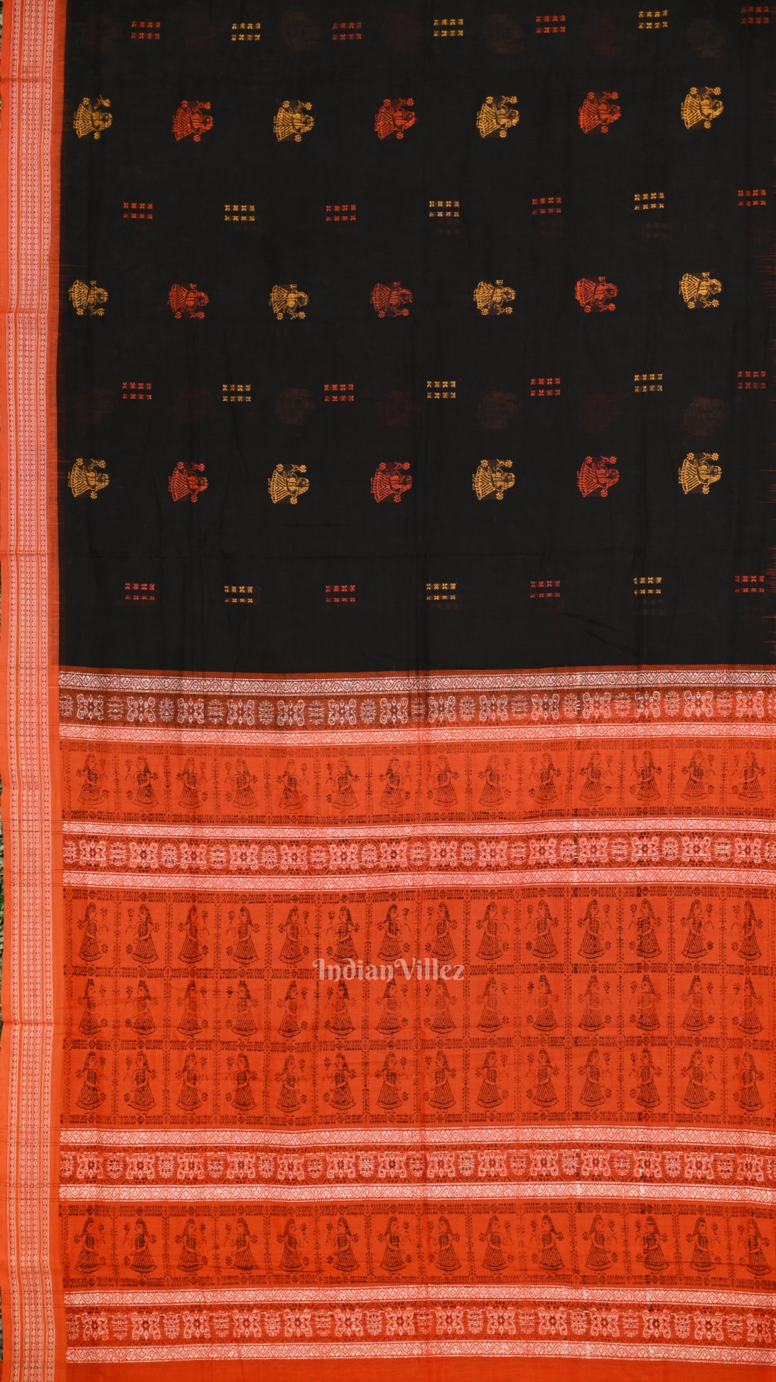 Black  Orange Odisha Handloom Doll Theme Bomkai Cotton Saree