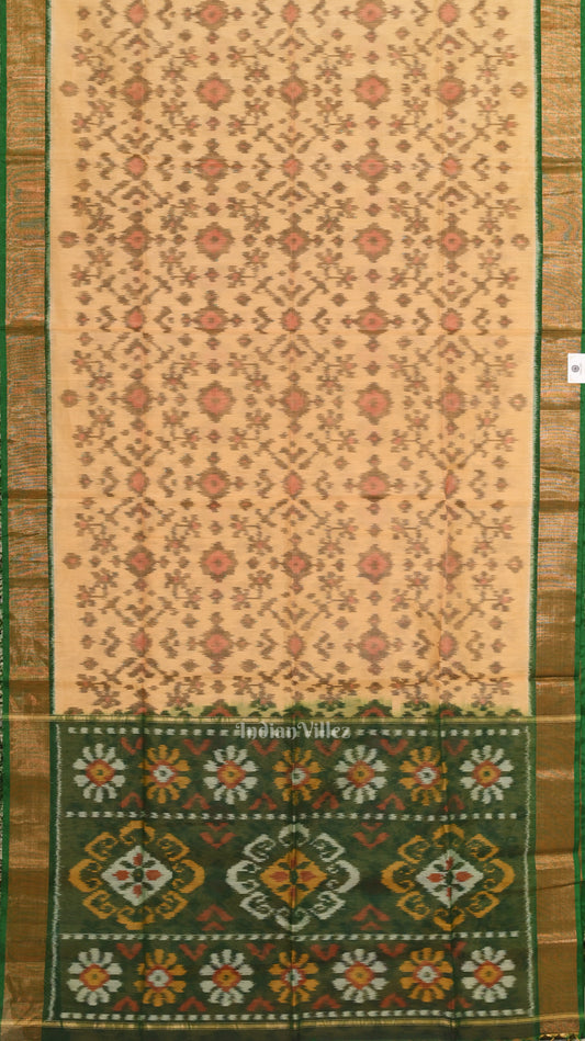 Chandan with Green Pochampally Ikat Sico (Silk & Cotton) Saree with Zari Border