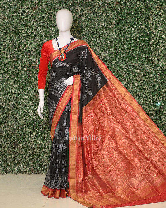 Pure Black Half Tissue Sambalpuri Silk Saree ( 7 Wonders of the World)