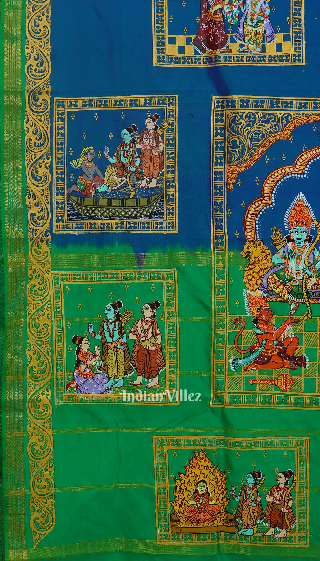 Blue Green Ramayan Theme Pattachitra Silk Saree