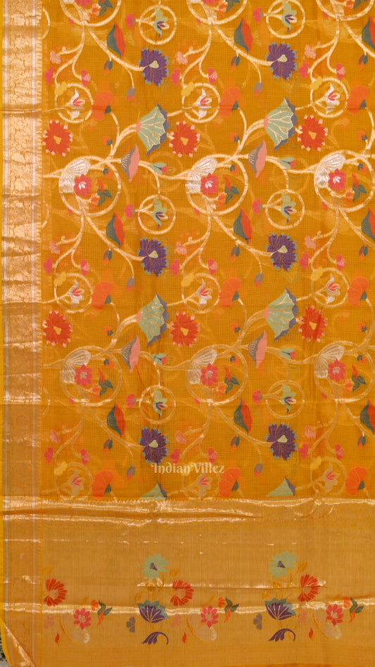 Yellow Pure Jamdani Banarasi Kota Saree