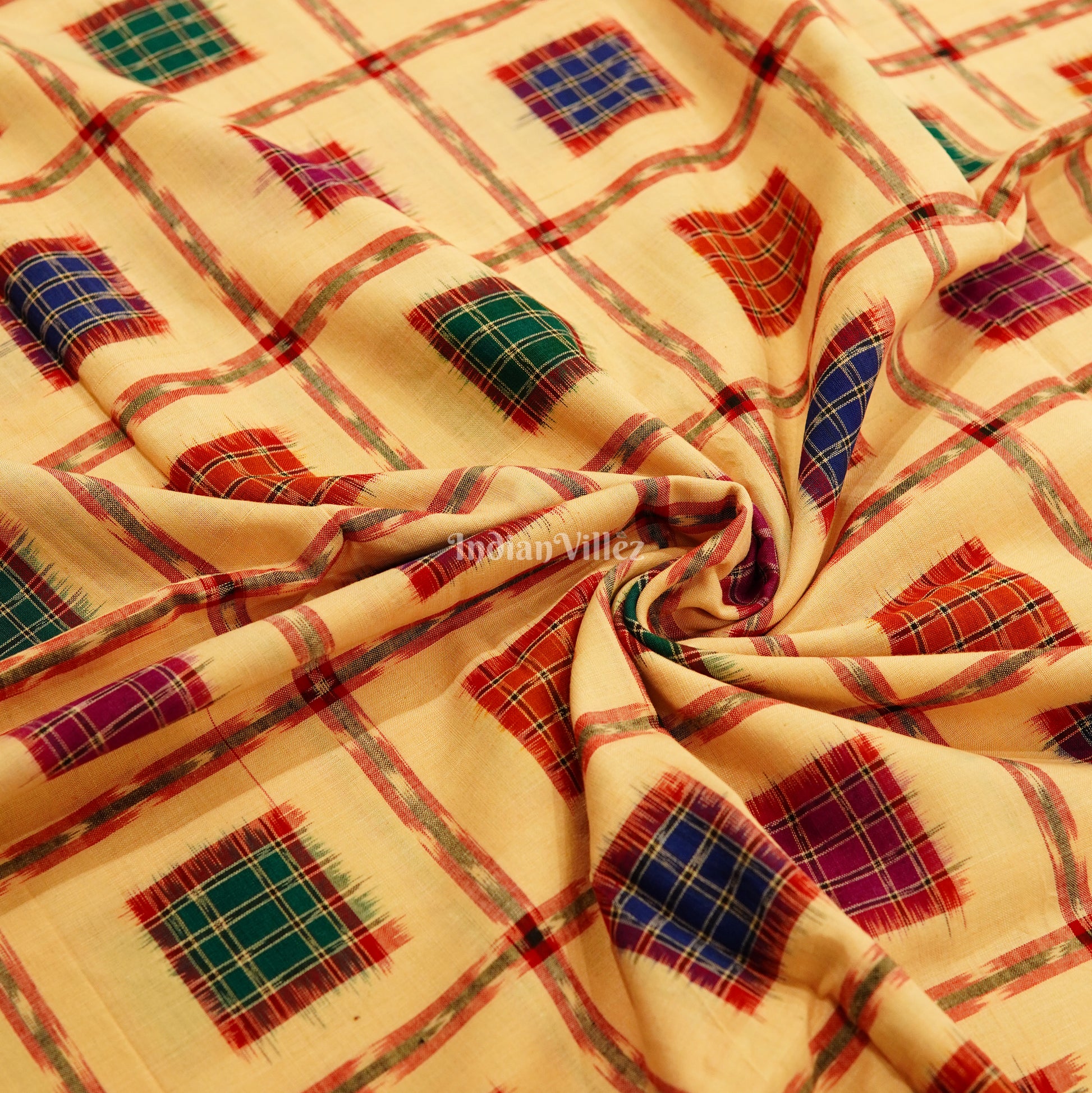 Exclusive Light Yellow Aswani Design Sambalpuri Ikat Cotton Fabric 