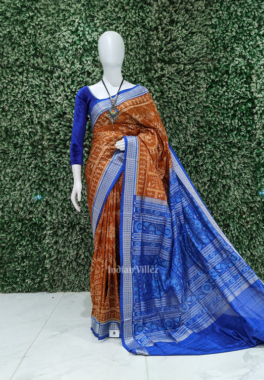 Orange Blue Tribal Theme Odisha Ikat Pure Sambalpuri Silk Saree