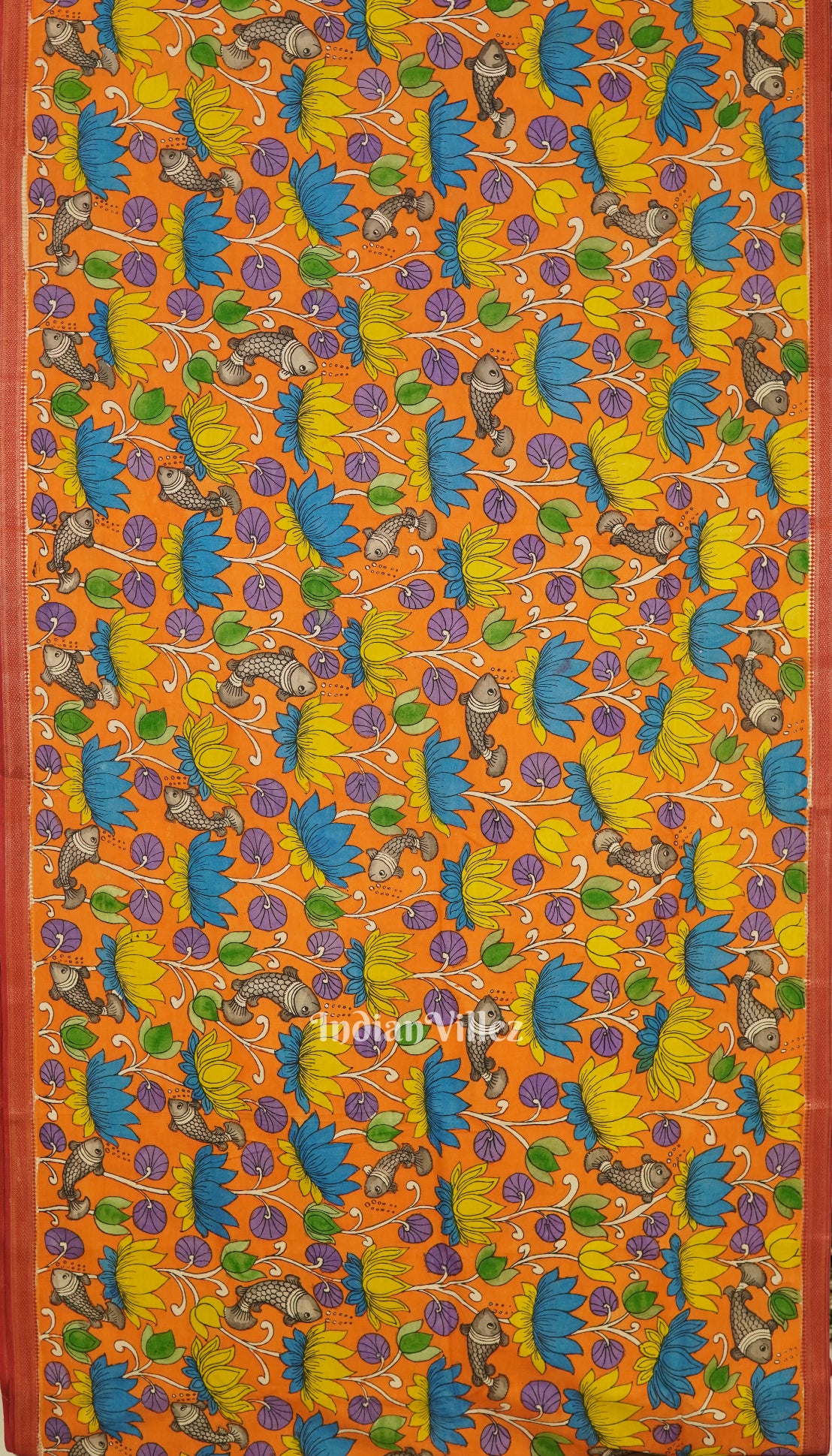 Orange Lotus Fish Hand-Painted Kanjivaram Silk Kalamkari Saree