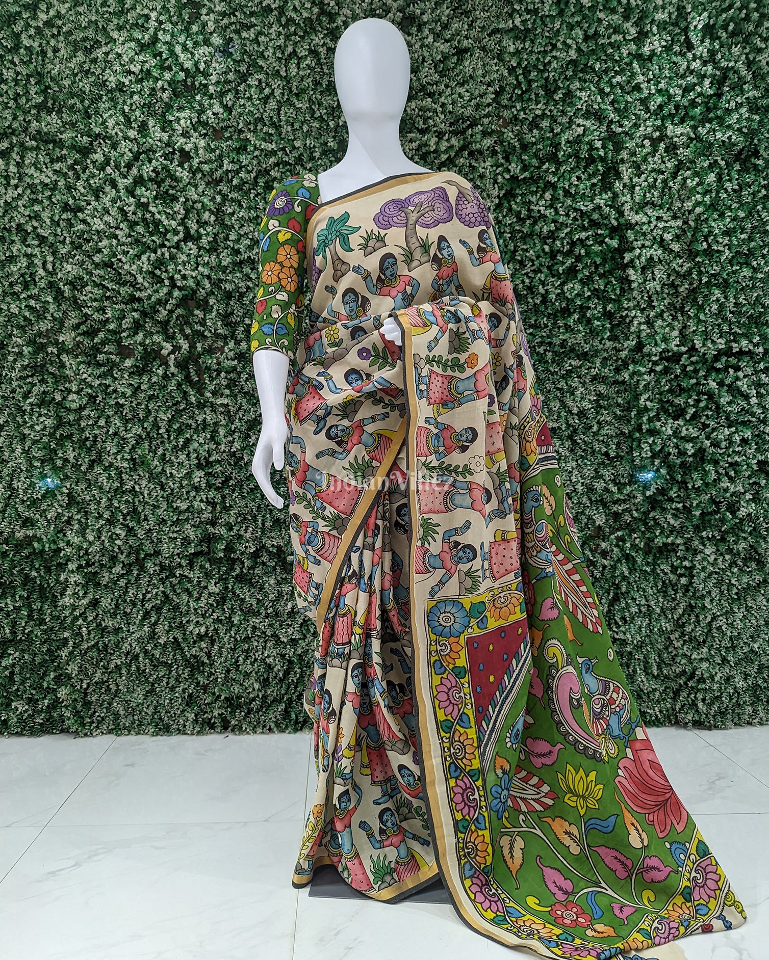 Off White Hand-Painted Kanjivaram Silk Kalamkari Saree