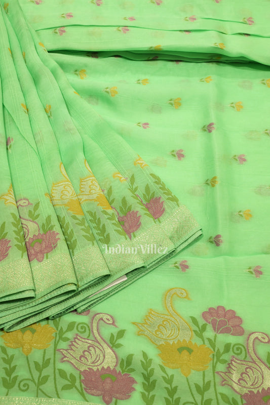 Pista Green Floral Motif Designer Banarasi Katan Silk Saree