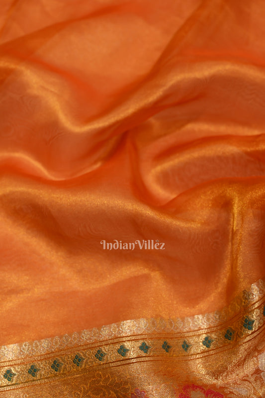 Deep Orange Zari Woven Exclusive Kora  Organza Banarasi  Saree