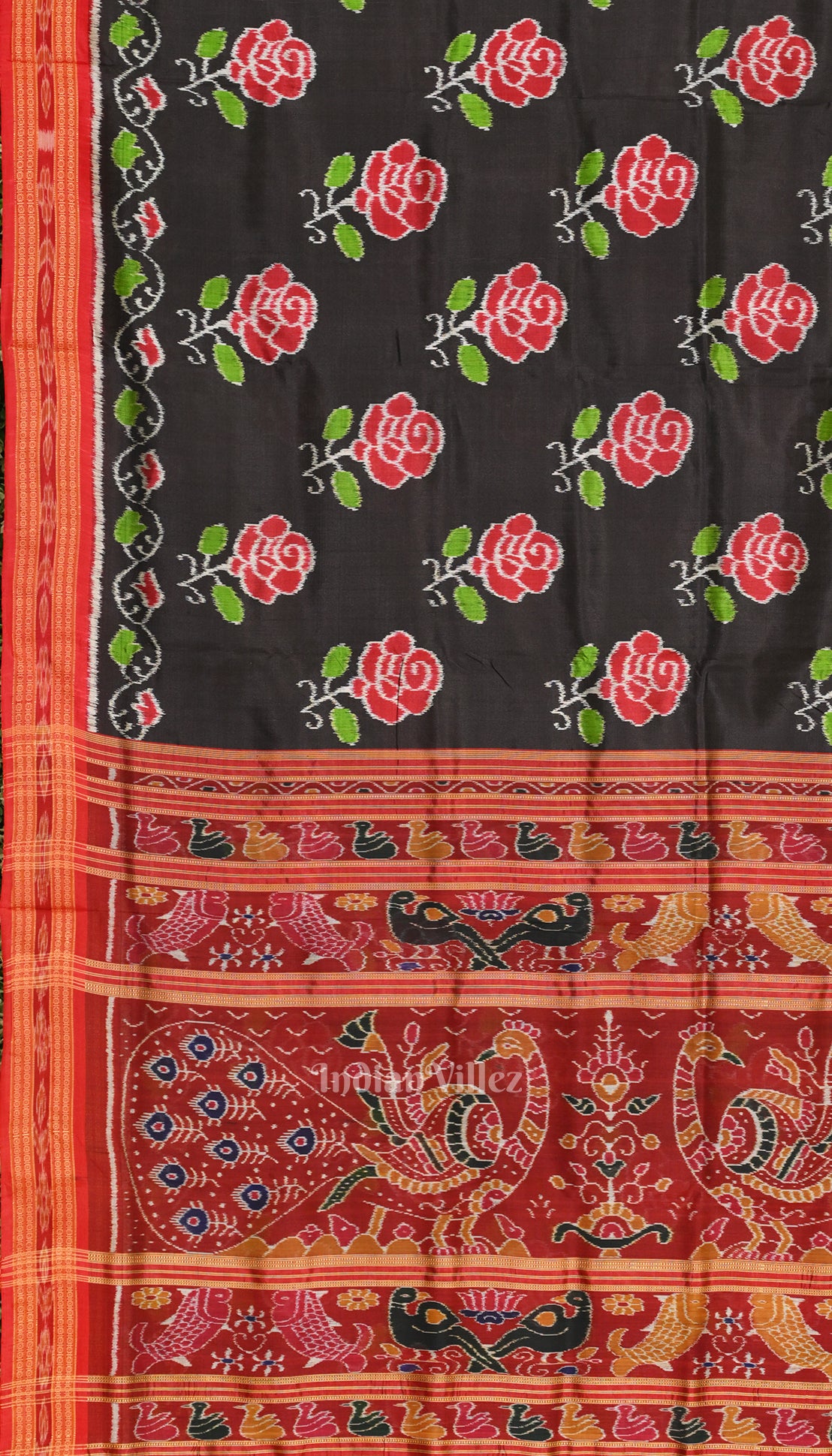 Black Red Rose Flower Theme Khandua Silk Saree 