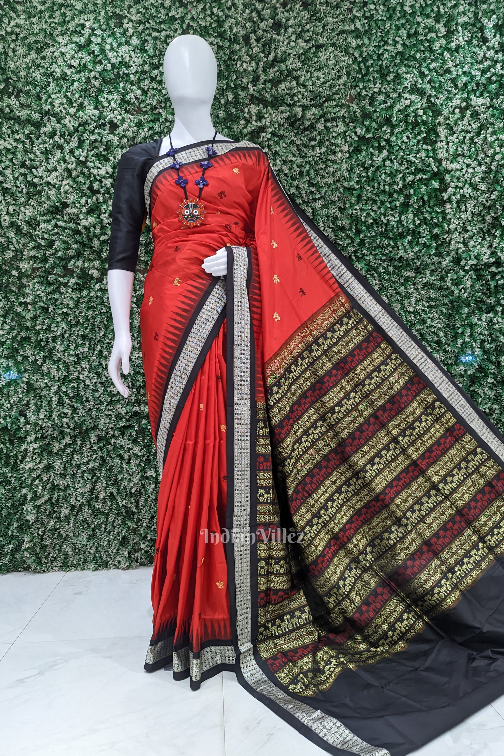 Red Laxmi Pada Lotus Sambalpuri Ikat Bomkai Silk Saree