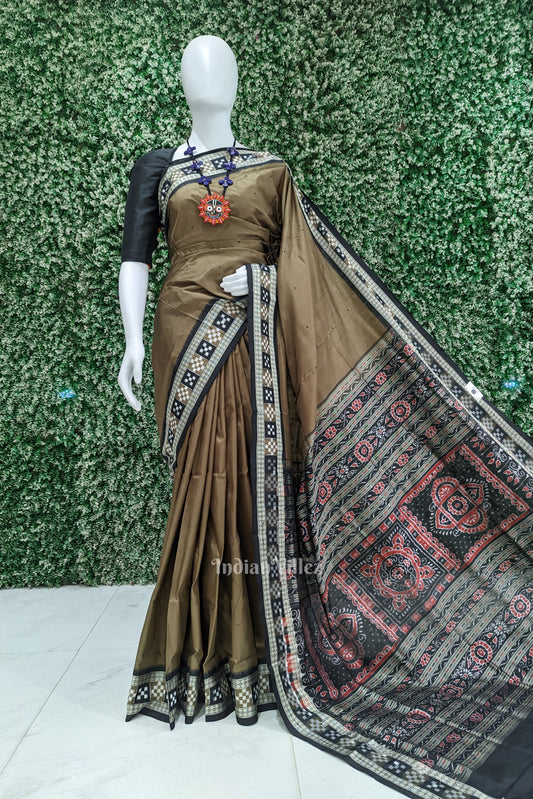 Dark Olive Green Sambalpuri Ikat Bomkai Silk Saree With Pasapalli Border