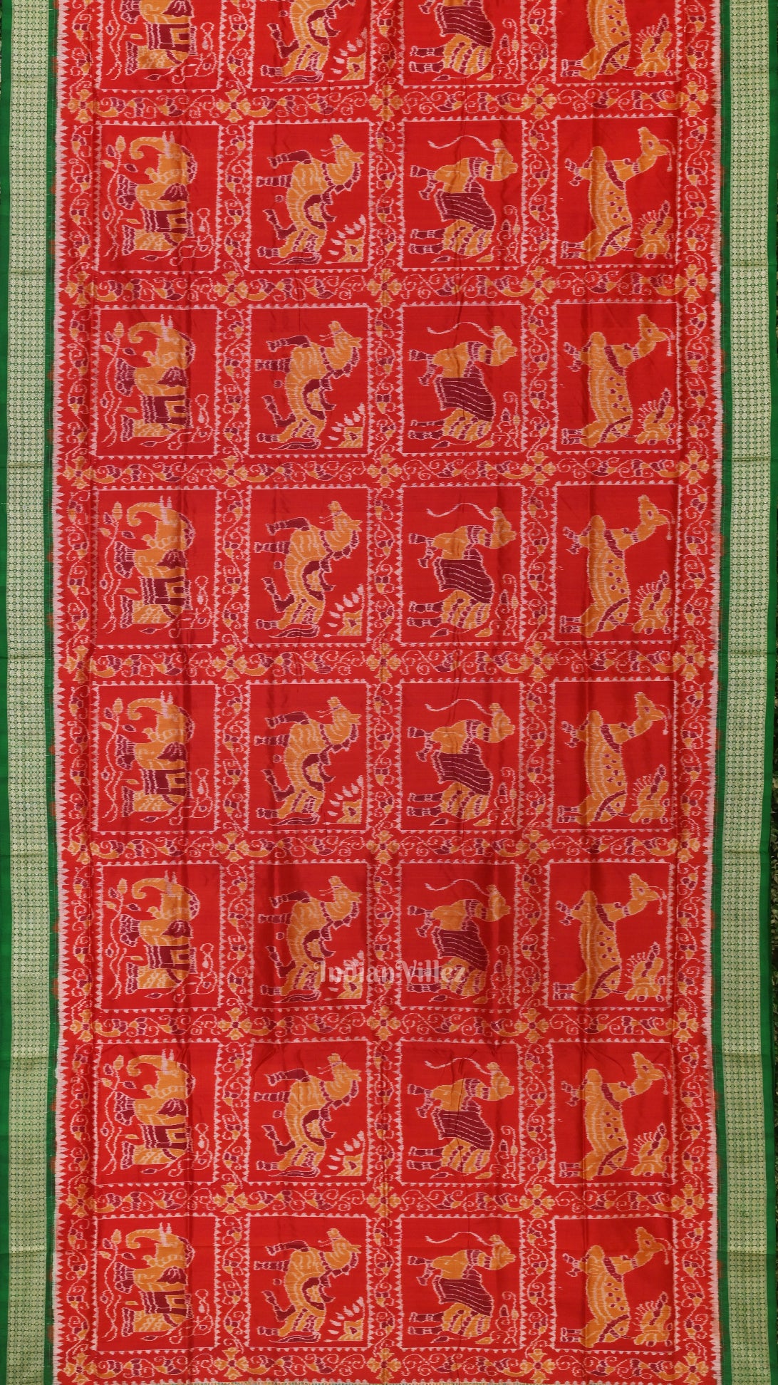 Red Green Animal Theme Sambalpuri Silk Saree